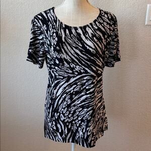 JM Collection Black White Animal Zebra Striped Stretchy Top Blouse Casual Small